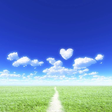 Arkaplan olarak kalp şeklinde bulutlar ile mavi gökyüzü ile yeşil çimen