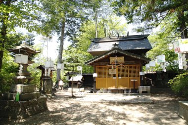 Eski bir Japon tapınağının manzaralı görüntüsü.