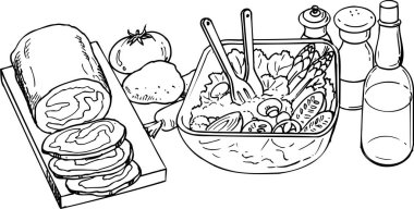 Kâsede salatalı dilimlenmiş sosis, beyaz arka planda izole edilmiş siyah beyaz çizim.