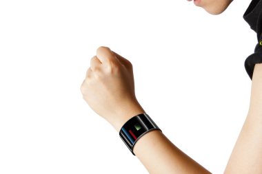 Beyaz arka planda akıllı bir kadın eli.