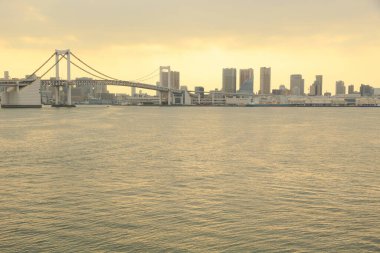 Gün batımında köprü ile Tokyo şehrinin ufuk çizgisi                 