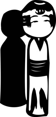 Geleneksel Japon Kokeshi bebeği, beyaz arkaplanda izole edilmiş siyah beyaz çizim