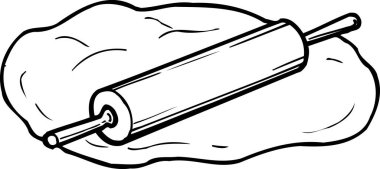 beyaz arkaplanda izole edilmiş basit siyah beyaz resimli hamurun üzerinde yuvarlanan bir iğne.