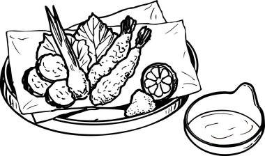 Sebzeli tempura karidesleri çizim, gıda konsepti