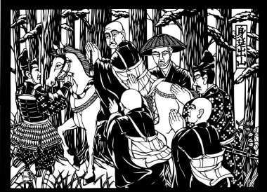 Keşişlerin ve samurayların olduğu Japon klasik sahneleri, beyaz arka planda izole edilmiş basit siyah beyaz çizimler.