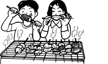 Geleneksel yakiniku yiyen erkek ve kadın yemek hazırladı, beyaz arka planda izole edilmiş basit bir illüstrasyon. 