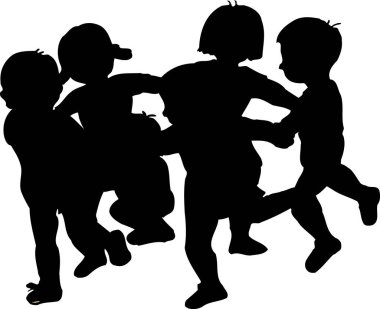 Birlikte oynayan çocukların silueti, beyaz arka planda izole edilmiş basit bir çizim. 