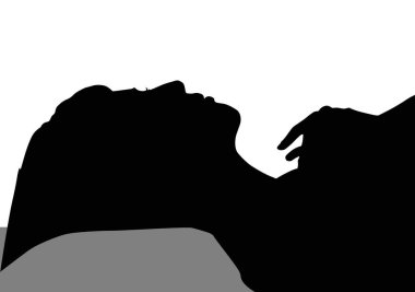 Bir kişinin profilinin simsiyah bir silueti, boynunda bir el dinlenirken gösterilir..