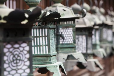 Japonya, Nara 'da bir Shinto türbesi olan Kasuga Taisha' da fener sırası.