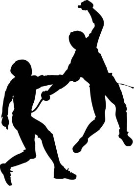 Kılıç dövüşü, beyaz arkaplanda izole edilmiş basit siyah beyaz çizimler