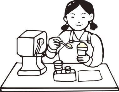 Japon kadın aşçı, beyaz arka planda izole edilmiş basit siyah beyaz çizimler.