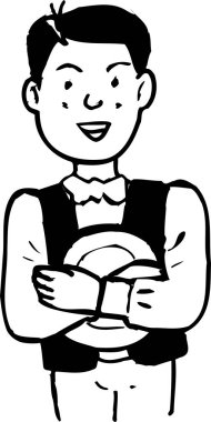 Tabak tutan erkek garson, beyaz arka planda izole edilmiş siyah beyaz çizim.