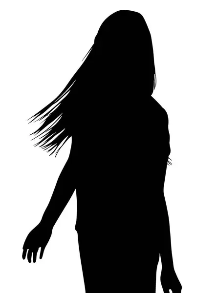 black silhouette of woman with long hair on white background