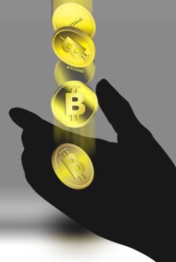 Dijital para birimi kavramı. bitcoins ve siyah siluetli el