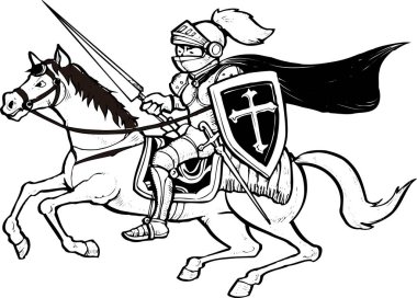 Kılıçlı bir şövalyenin siyah beyaz çizimi.