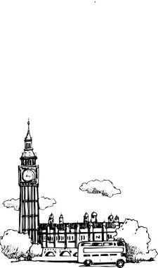 İngiltere, Londra 'daki Büyük Ben Kulesi' nin siyah beyaz çizimi