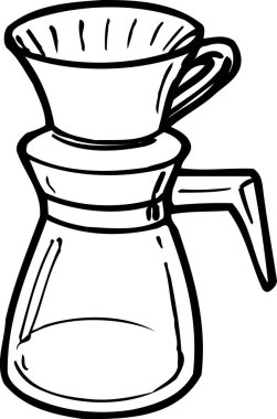 Kahve makinesi, beyaz arka planda izole edilmiş siyah ve beyaz çizimler.