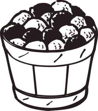 Elmalı kova, beyaz arkaplanda izole edilmiş siyah beyaz çizim