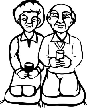 Yerde otururken çay fincanı tutan son sınıf çifti, beyaz arkaplanda izole edilmiş siyah beyaz bir illüstrasyon.