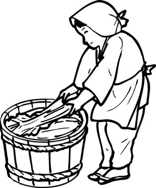 Japon kadınları hamuru karıştırıyor, beyaz arka planda izole edilmiş siyah beyaz çizimler.