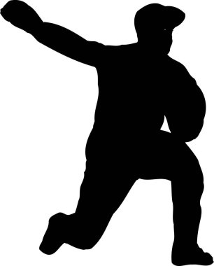 Beyzbol oynayan bir adamın silueti, beyaz arka planda izole edilmiş siyah beyaz bir resim.