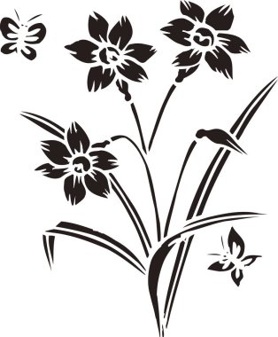 Çiçeksel elementlerle siyah beyaz Japon stili çizimler