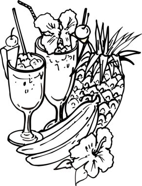 Muzlu ananas ve kokteyl bardakları, beyaz arka planda izole edilmiş siyah beyaz çizimler.