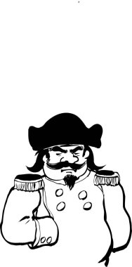 Askeri üniformalı ve şapkalı bir adamın bembeyaz arka planda izole edilmiş basit bir siyah beyaz çizimi.