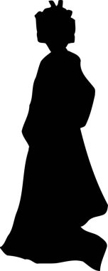 Kimono giyen bir kadın silueti. Beyaz arka planda izole edilmiş siyah beyaz bir resim.