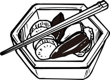 Üzerinde çubuk olan yemekler, beyaz arkaplanda izole edilmiş siyah beyaz çizimler.