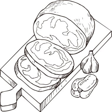 Kesme tahtasında dilimlenmiş patates, beyaz arka planda izole edilmiş siyah beyaz çizim.