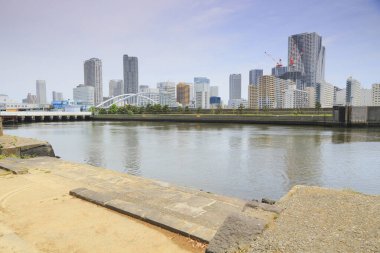 Binalar ve köprüler Sumida Nehri, Japonya. 