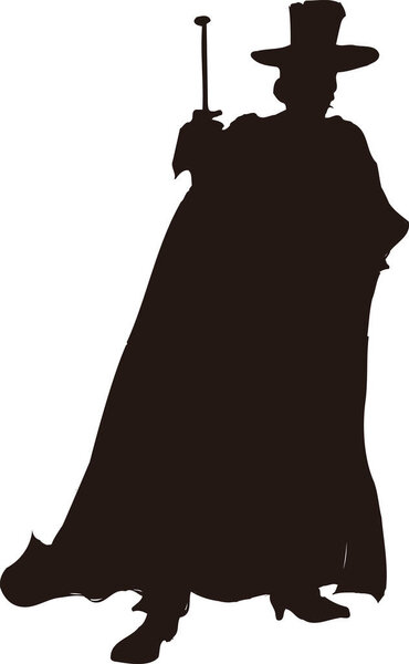 magician with coat and hat holding and magic stick, simple black and white illustration isolated on white background