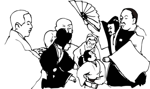 group of japanese in traditional costumes, simple black and white illustration isolated on white background