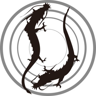 Çember logosu üzerinde uçan ejderhalar, beyaz arkaplanda izole edilmiş basit siyah beyaz çizimler.