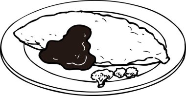 Japon usulü omlet, beyaz arkaplanda izole edilmiş siyah-beyaz çizim.