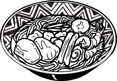 char siu noodles ana hatları çizim, gıda konsepti