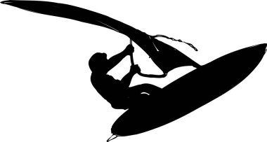 Erkek rüzgar sörfü, beyaz arka planda izole edilmiş basit siyah beyaz çizimler.