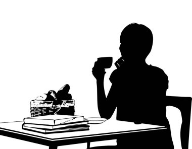 Katıksız siyah bir siluet bir masada oturur bir fincan dolusu kitap ve atıştırmalık kutusunun yanında içerler..