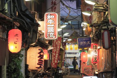 Geleneksel fenerlerle Japonya 'daki şehir manzarası