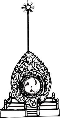 Geleneksel Japon anıtı ya da dekoratif yapı, beyaz arkaplanda izole edilmiş siyah ve beyaz resim