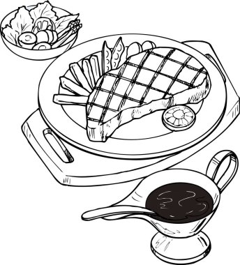 Tabaktaki biftek, beyaz arka planda izole edilmiş siyah beyaz çizim.