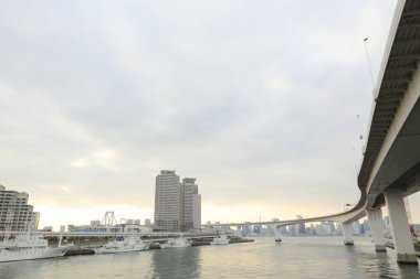 Gün batımında köprü ile Tokyo şehrinin ufuk çizgisi                 