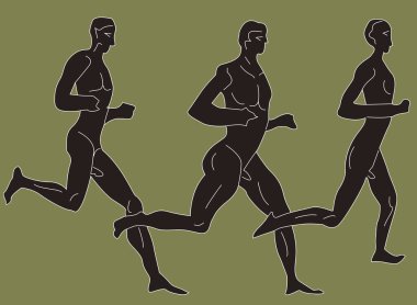 Antik Yunan veya Roma sanatından esinlenerek bir ırktaki üç erkek koşucunun çizimi.