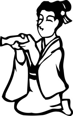 Kimonolu Japon kadın sake şişesi, beyaz arka planda izole edilmiş siyah beyaz çizimler.