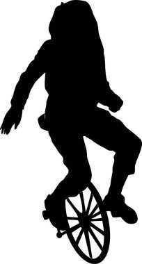 Tek tekerlekli bisiklete binen kişi, beyaz arkaplanda izole edilmiş siyah beyaz çizim