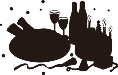 Yeni yılı yemek, mum ve şampanya bardaklarıyla kutluyoruz. Beyaz arka planda izole edilmiş siyah beyaz bir illüstrasyon.