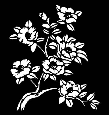 Çiçeksel elementlerle siyah beyaz Japon stili çizimler