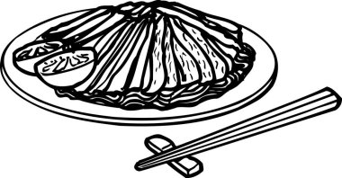 Dilimlenmiş et ya da balık bir çift çubukla, beyaz arka planda izole edilmiş siyah ve beyaz çizimler.