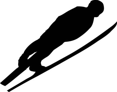 Uçuşun ortasında kayak atlayıcısı, beyaz arkaplanda izole edilmiş basit siyah beyaz çizim